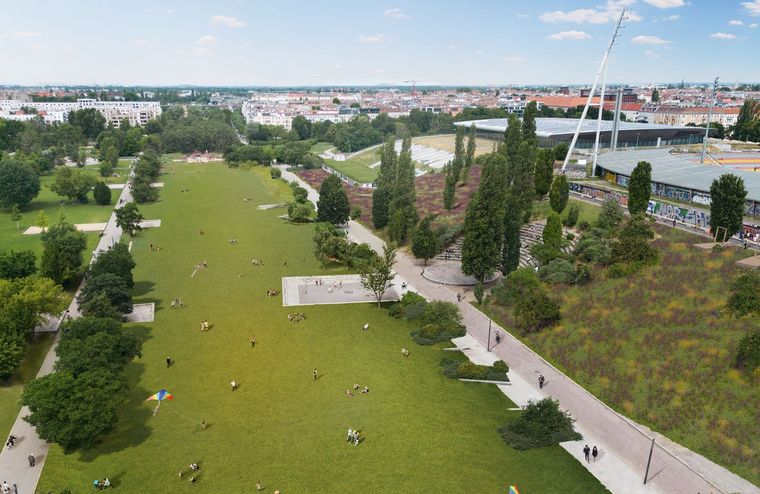 Visualisierung der künftigen grünen Rasenfläche im ursprünglichen Teil des Berliner Mauerparks