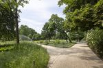 Gepflasterte Wegeverbindungen führen durch die Grünflächen am Falkplatz in Berlin.