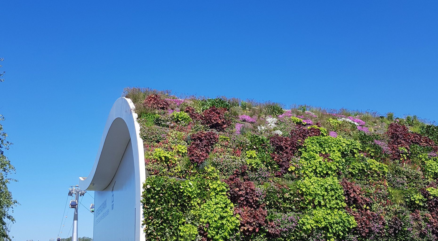 Die Seilbahnstation am Kienbergpark mit ihrem grün bepflanzten Dach
