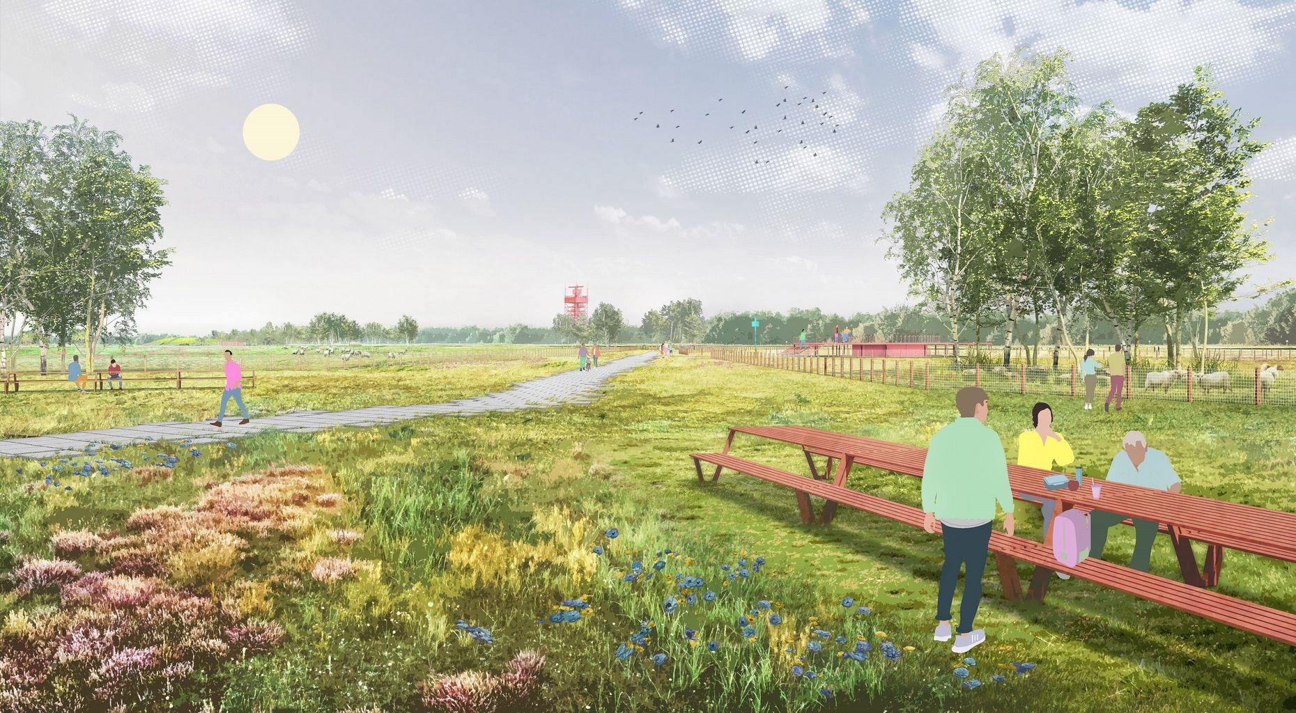 Visualisierung von der Vegetation sowie einer Picknickbank auf dem künftigen Landschaftsraum der Tegeler Stadtheide.