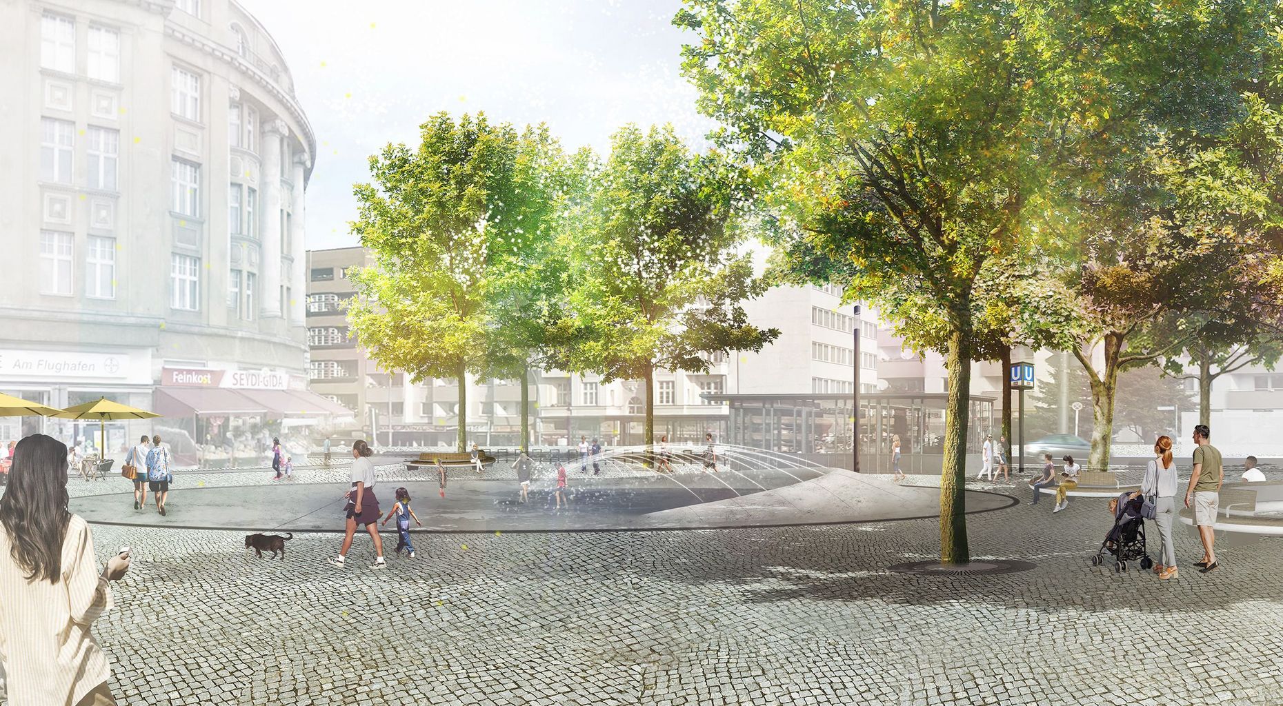 Visualisierung der Piazza mit Brunnen des künftigen Platz der Luftbrücke