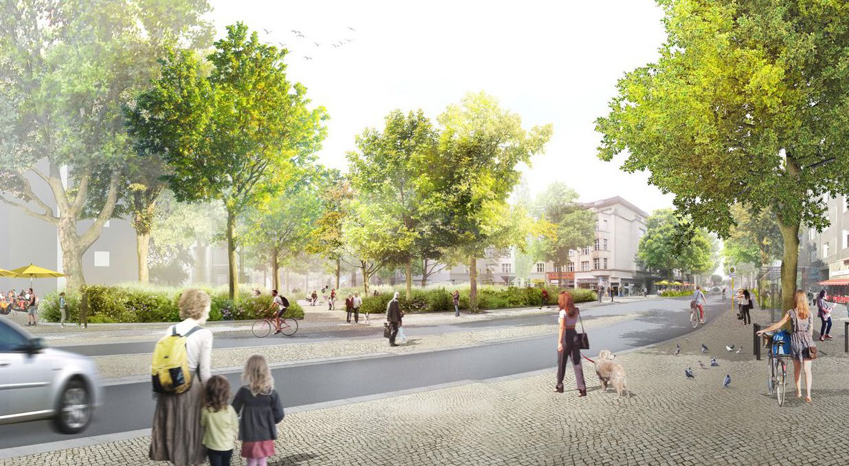 Visualisierung der künftigen grünen Manfred-von-Richthofen-Straße am Platz der Luftbrücke