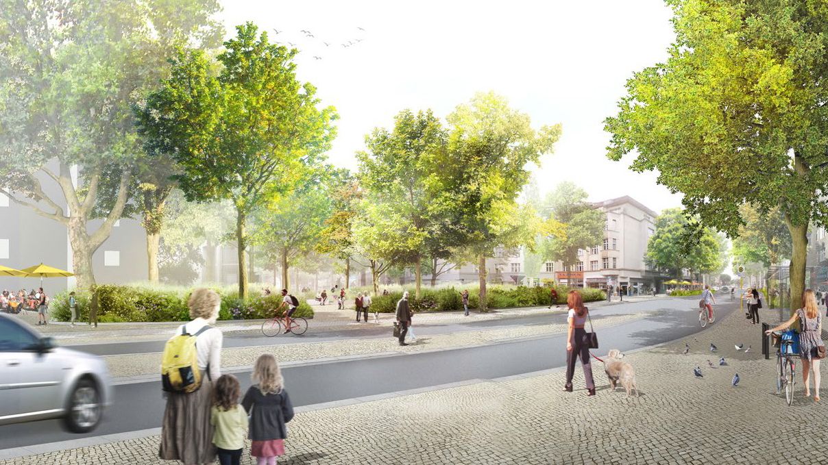 Visualisierung der künftigen grünen Manfred-von-Richthofen-Straße am Platz der Luftbrücke