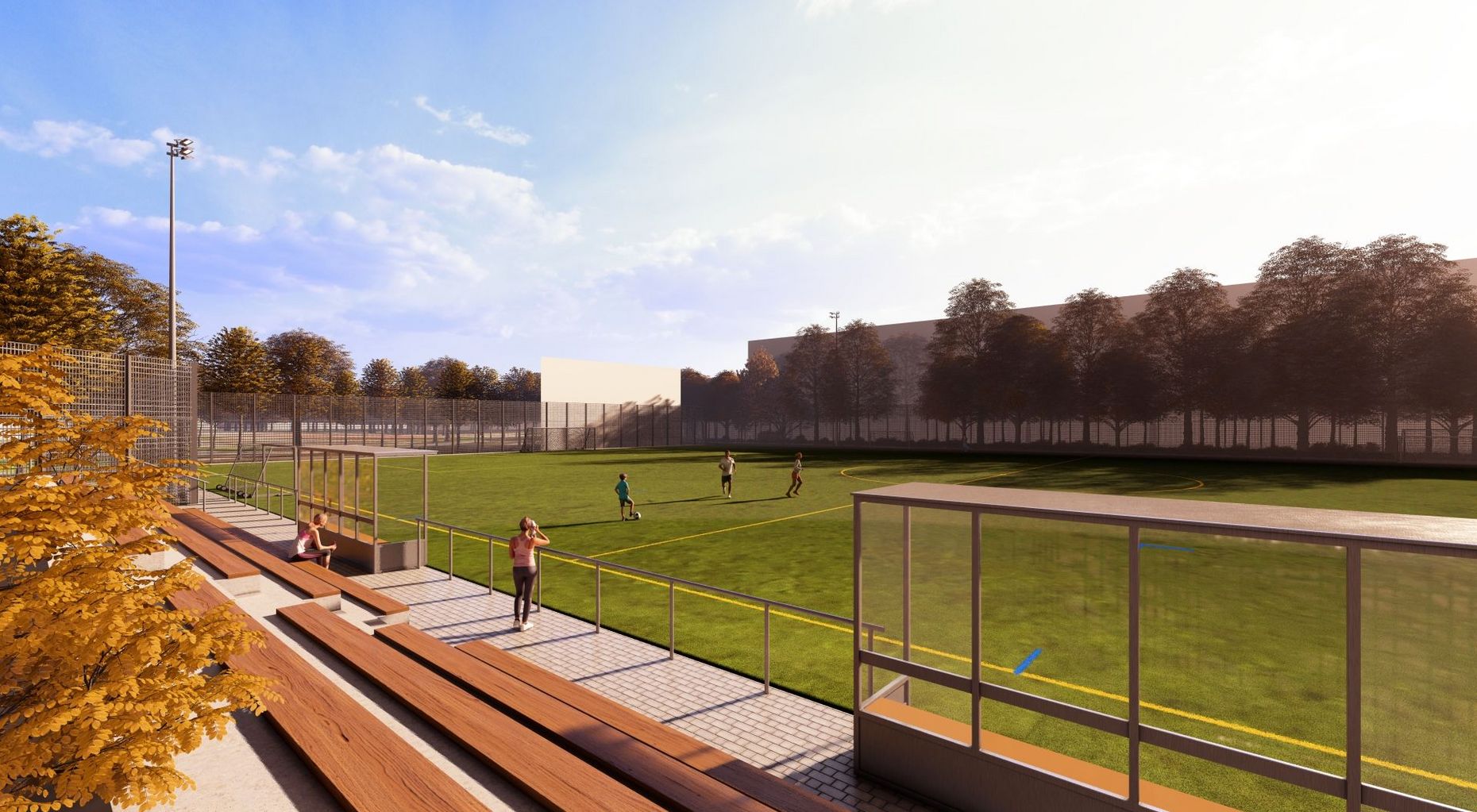 Visualisierung der künftigen Sportanlage Fritschestraße mit einem Fußballfeld und einer Holztribüne.