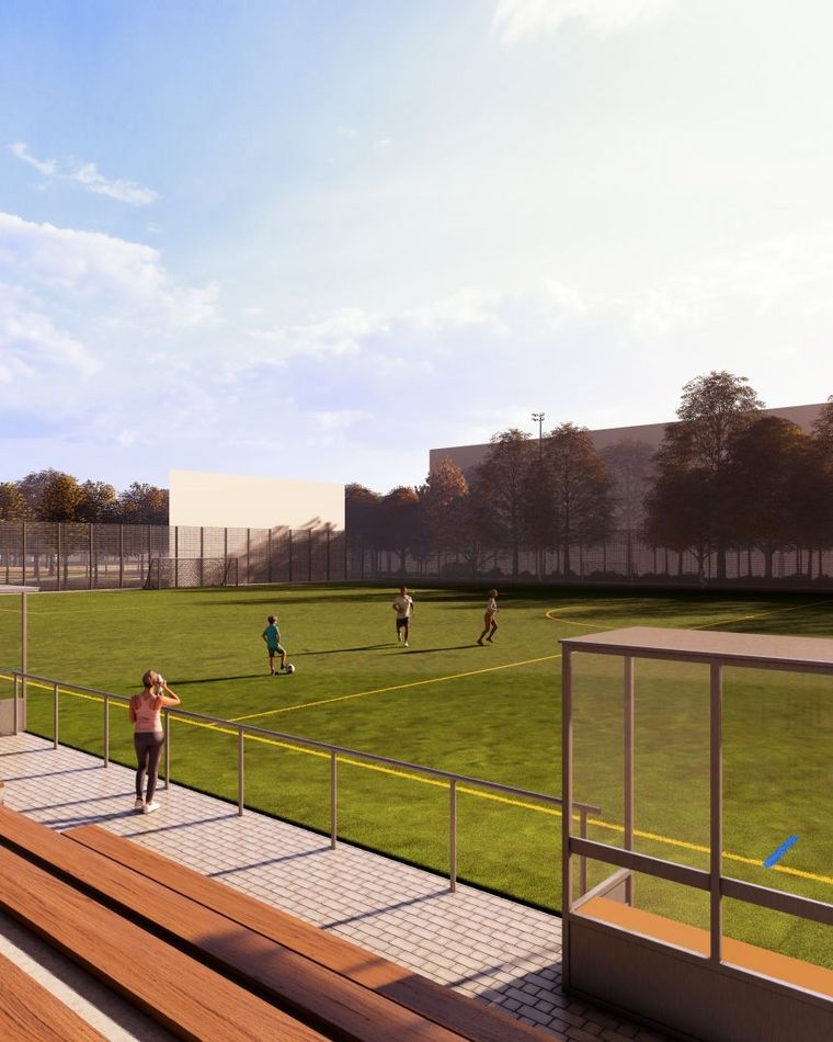 Visualisierung der künftigen Sportanlage Fritschestraße mit einem Fußballfeld und einer Holztribüne.