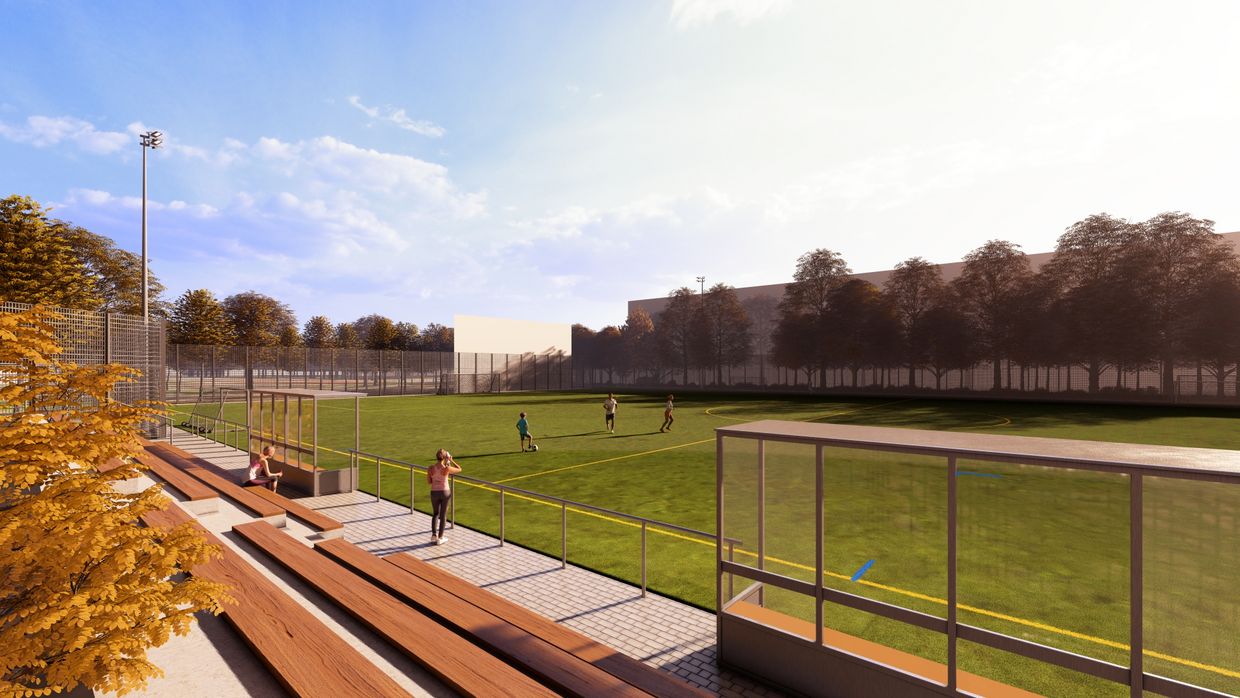 Visualisierung der künftigen Sportanlage Fritschestraße mit einem Fußballfeld und einer Holztribüne.