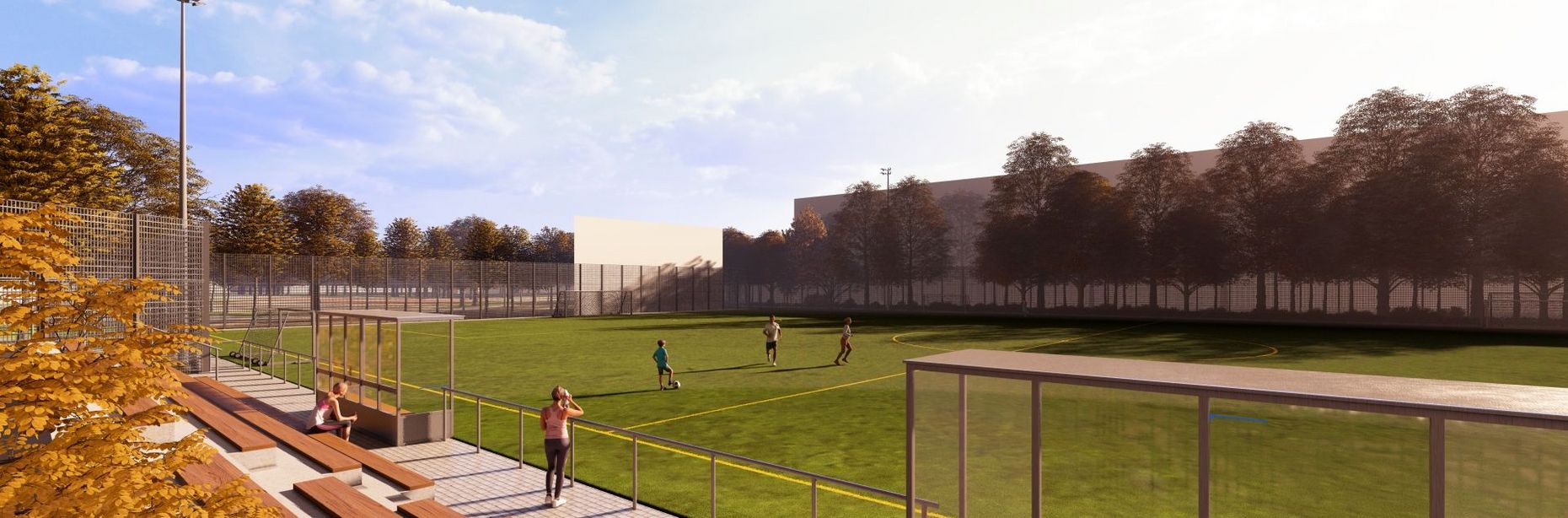 Visualisierung der künftigen Sportanlage Fritschestraße mit einem Fußballfeld und einer Holztribüne.