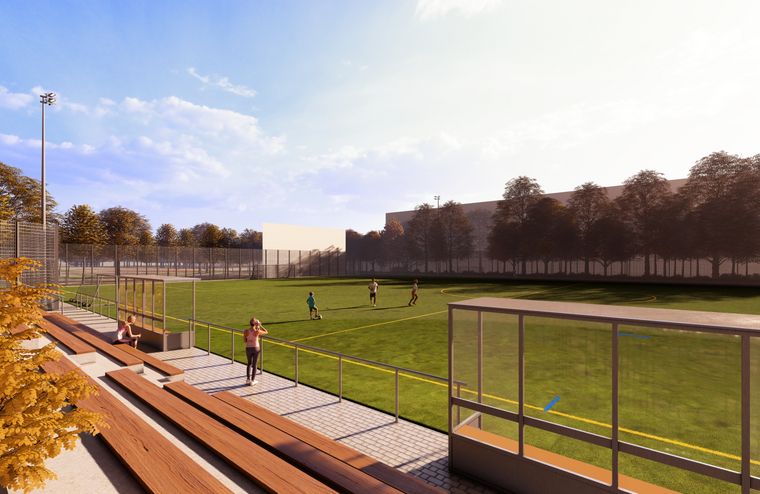 Visualisierung der künftigen Sportanlage Fritschestraße mit einem Fußballfeld und einer Holztribüne.