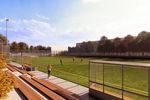 Visualisierung der künftigen Sportanlage Fritschestraße mit einem Fußballfeld und einer Holztribüne.