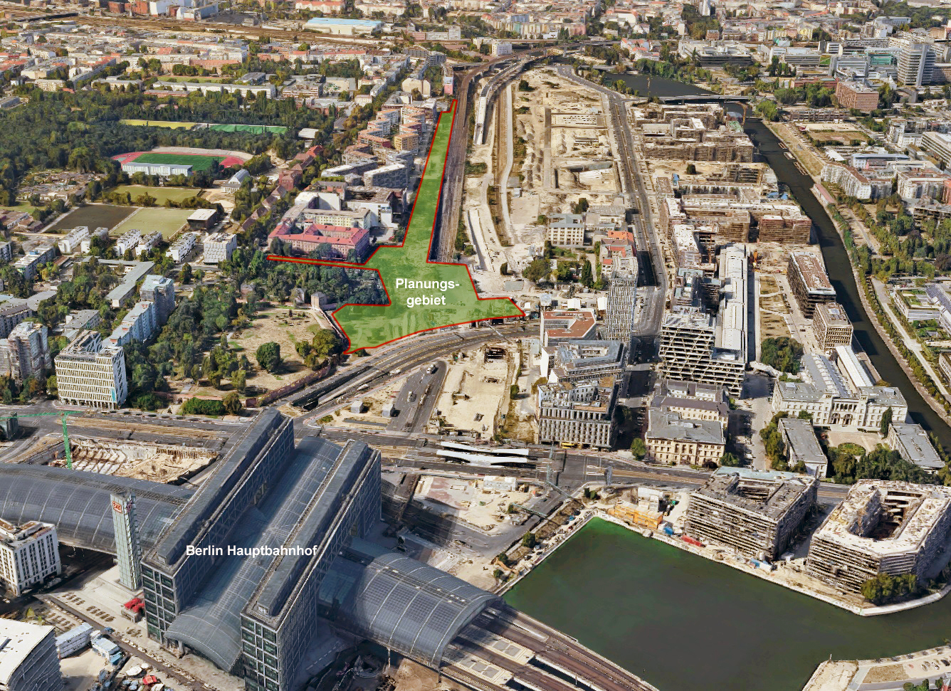 Auf einem Luftbild des Gebiets am Berliner Hauptbahnhof ist das Areal des zukünftigen Döberitzer Grünzugs eingezeichnet